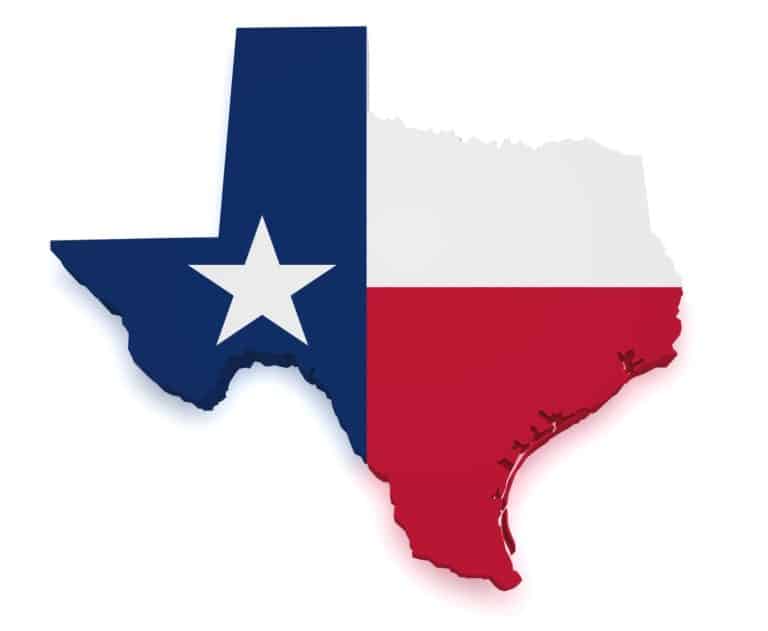 Shape 3d of Texas map with flag isolated on white background.