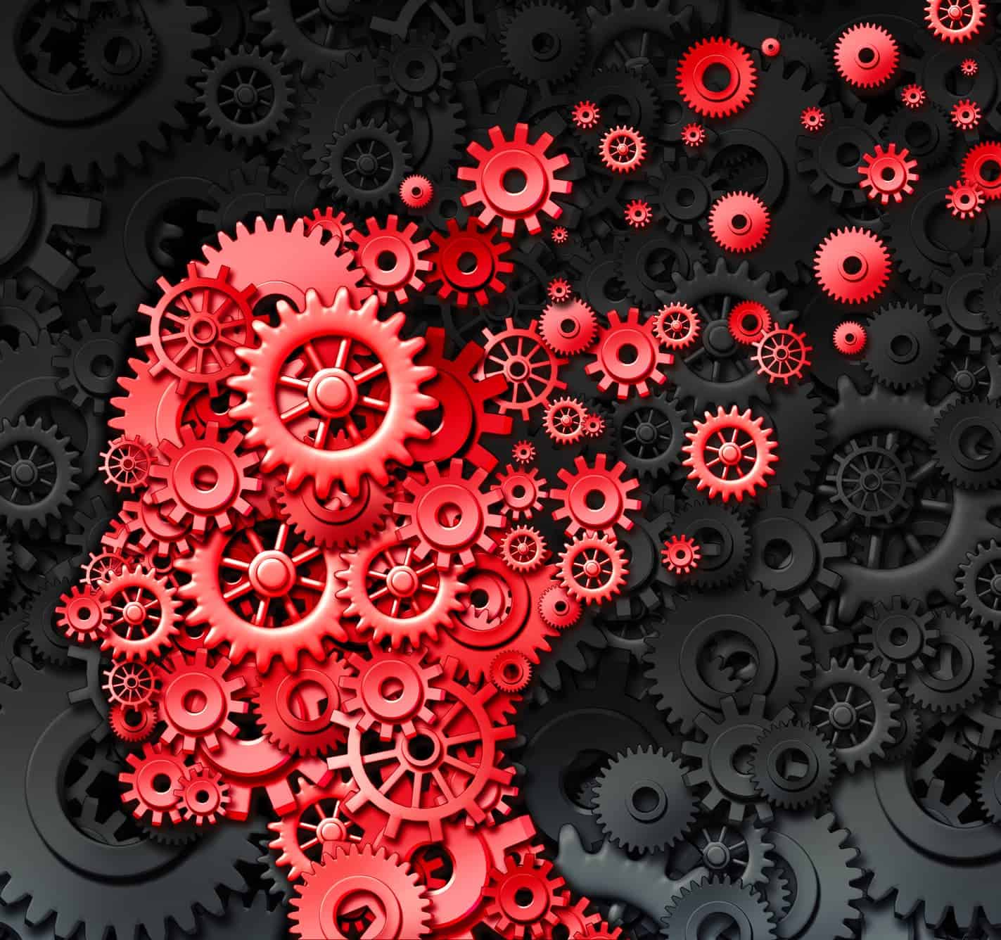 Human brain injury or damage and neurological loss or losing memory and intelligence due to physical concussion trauma and head injury or alzheimer disease caused by aging with red gears and cogs in the shape of a thinking mind.