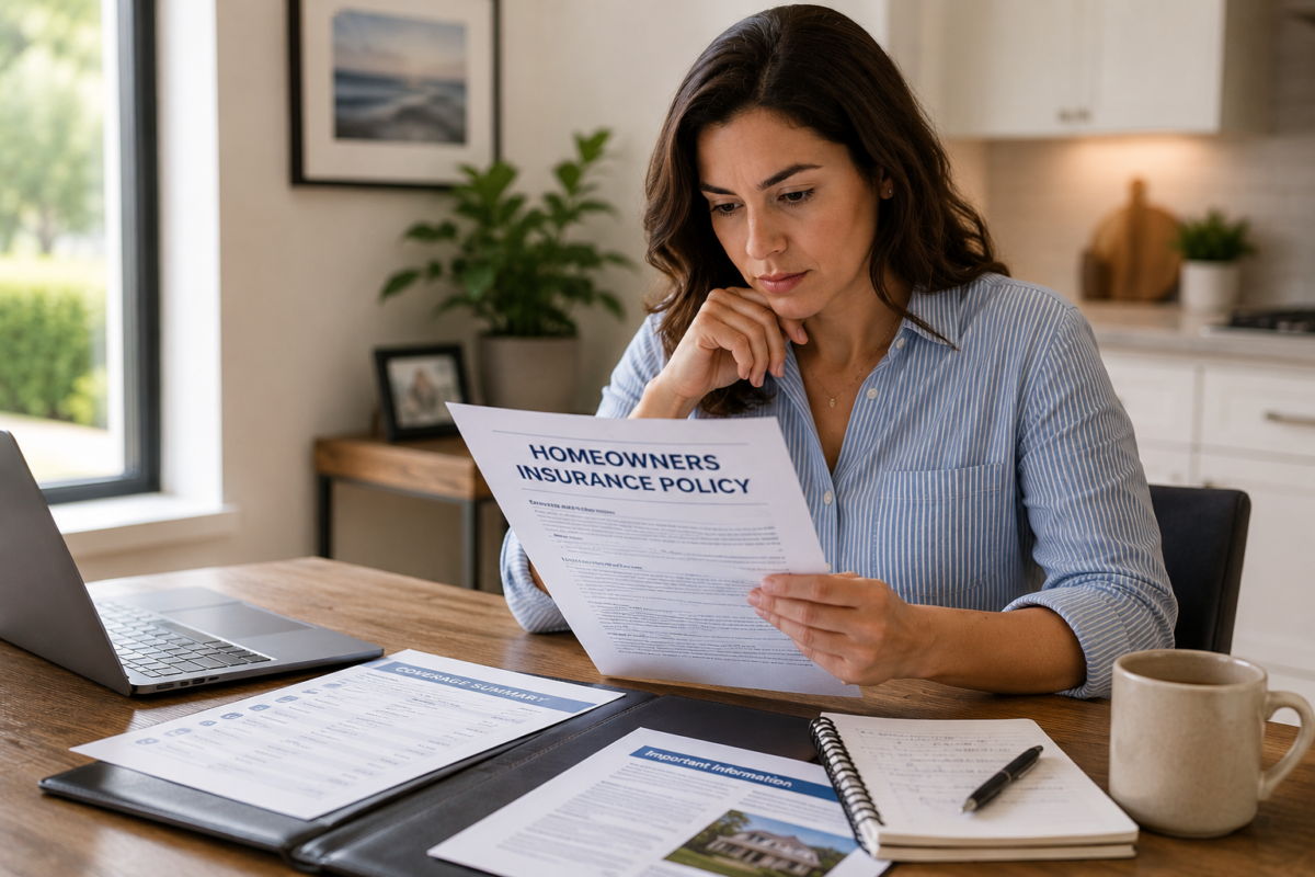 Woman reviewing homeowners insurance policy documents at home office table